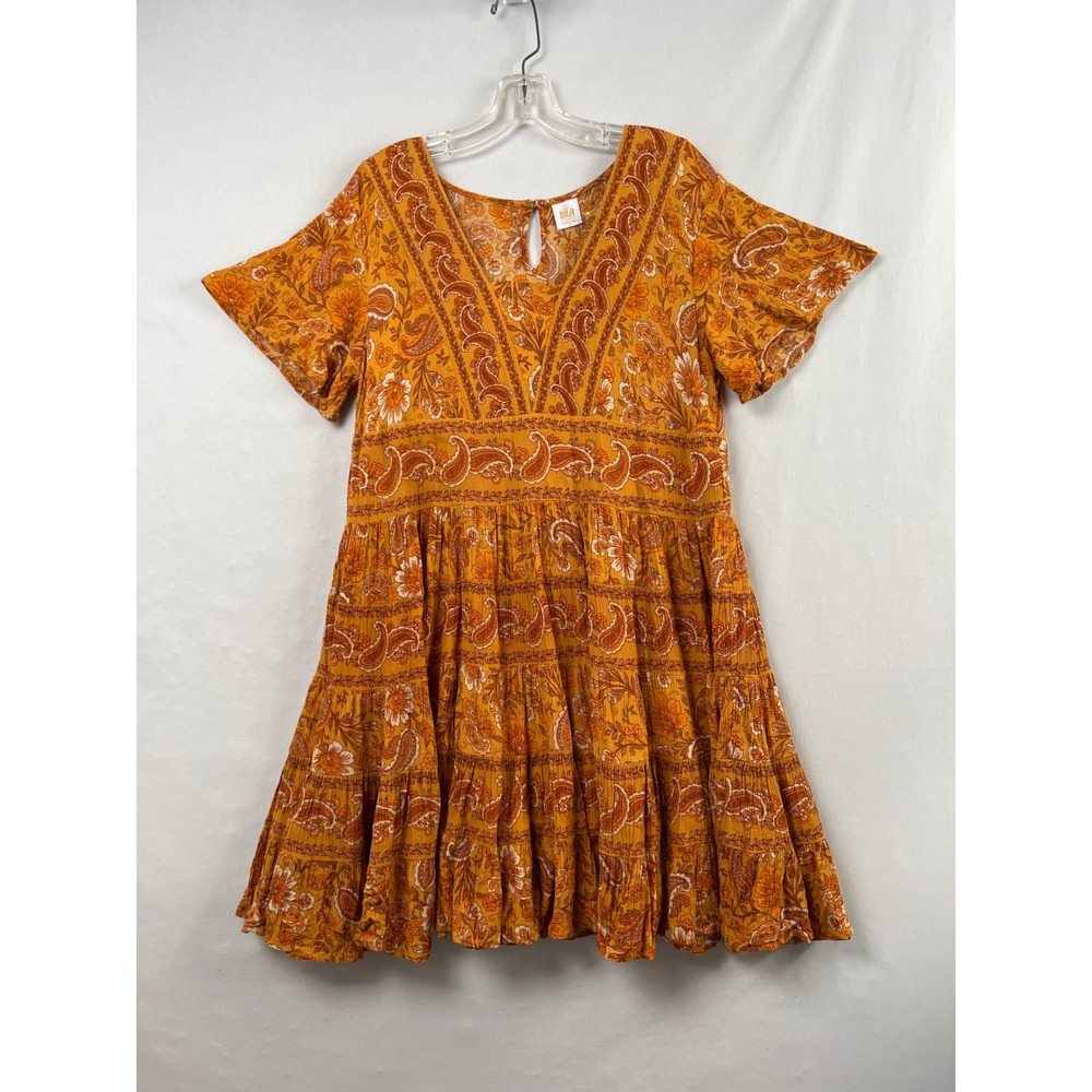 Bila Tiered Mini Dress Womens Medium Marigold Orange Paisley Boho Short Sleeve